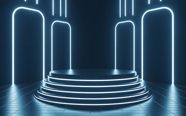 3d render, abstract blue neon background, glowing vertical lines, illuminated stairs, fashion podium, performance stage