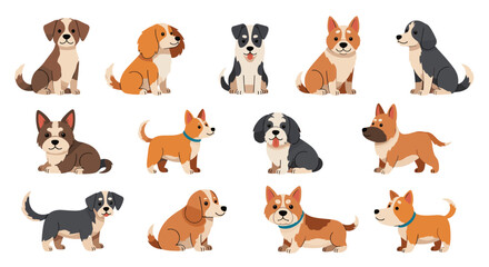 Fototapeta premium Adorable collection of twelve different cute cartoon puppies and dog breeds with various colors and poses, isolated on a white background.
