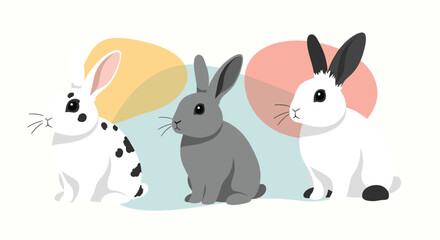 Fototapeta premium Charming illustration of three cute rabbits in different colors and breeds sitting together against a backdrop of modern abstract shapes.