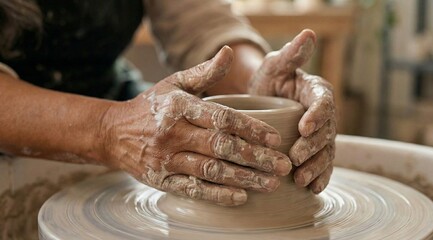 Artisan hands shaping wet clay on a spinning pottery wheel close up, created Ai
