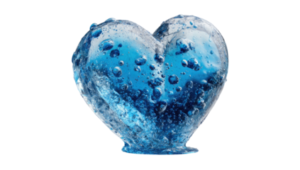 A translucent, blue heart shape filled with bubbles, against a black background