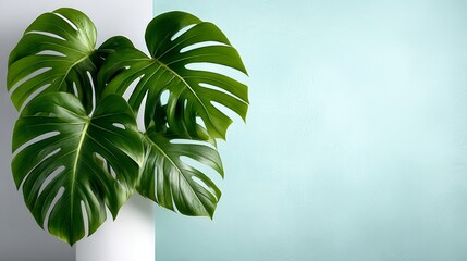 Lush green monstera plant with large, glossy leaves positioned against a soft blue wall, creating a serene and refreshing indoor atmosphere with ample copy space for design