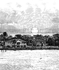 Vintage engraving of a coastal town. Luxury villas with palm trees and sun reflection on water. Woodcut style landscape illustration. Sunrise over waterfront houses with concentric sky lines.
