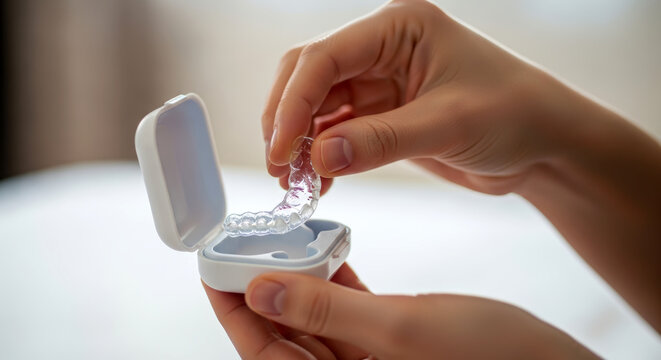 Taking a clear dental aligner out of its storage case