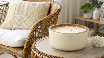Large Ceramic Candle on Cozy Wicker Table &ndash; Minimalist Home D&eacute;cor Interior Styling