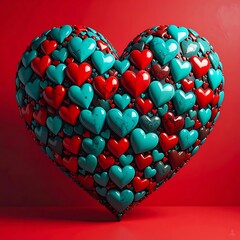 Heart shape filled with smaller turquoise and red hearts, against a red background, symbolizing love and affection