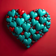 Heart shape formed by turquoise, red, & gray 3D hearts on a red backdrop. Ideal for love-themed concepts