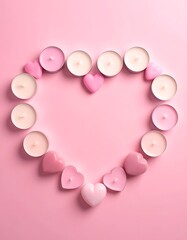 Heart shape formed with pink candies and candles on a soft pink background from a high angle shot