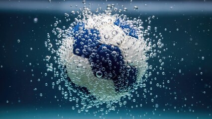Obraz premium Blue and white patterned ball submerged in water surrounded by numerous bubbles | handball, sports, object, equipment, minimal.