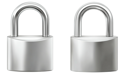 Two shiny, silver padlocks, side-by-side, against a transparent backdrop. Close-up