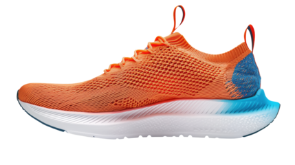 A vibrant orange and blue running shoe for sports and fitness advertising.


