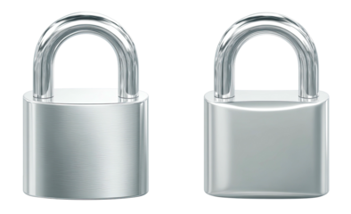 Two shiny silver padlocks side-by-side, reflecting light on a transparent background