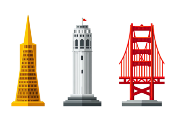 Three landmark illustrations a pointed tower, a cylindrical structure, and a red suspension bridge