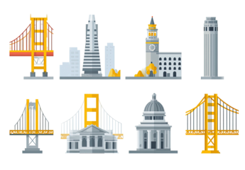 Stylized set of colorful buildings and bridges against a black background