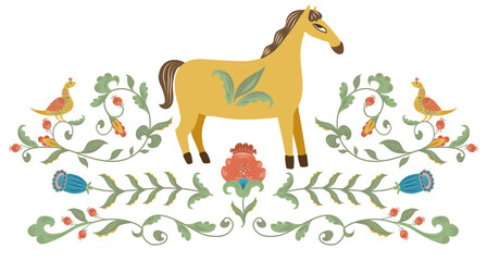 Yellow horse with folk decorative flowers and birds. Vector hand drawn flat silhouette illustration. Stylish design for clip art, diaries and planners decorated, stickers, greeting cards and banners.