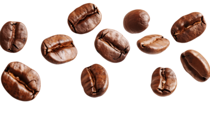 A handful of rich roasted arabica coffee beans isolated for café branding.

