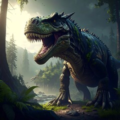 Large, detailed dinosaur with textured skin in a lush, misty jungle environment with sunlight streaming through trees