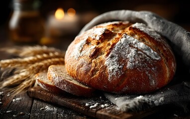 Freshly baked rustic sourdough bread loaf on a dark wooden table with wheat stalks.