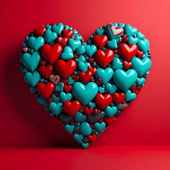 Hearts A heart shape composed of smaller red and teal hearts against a flat red background