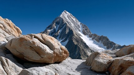 Majestic snow-capped mountain peak rises against a clear blue sky, surrounded by rugged rocky terrain, showcasing the beauty of nature and the grandeur of the landscape