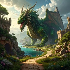 Large, green dragon stands guard over the countryside, near coastal castle ruins and winding stone paths