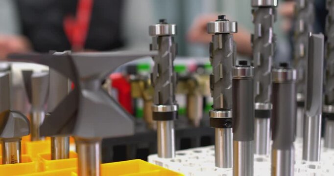 Various router bits for woodworking displayed