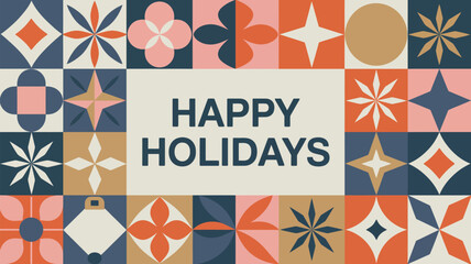 Modern geometric happy holidays greeting card design featuring colorful retro-inspired tile patterns in warm festive tones surrounding bold seasonal lettering