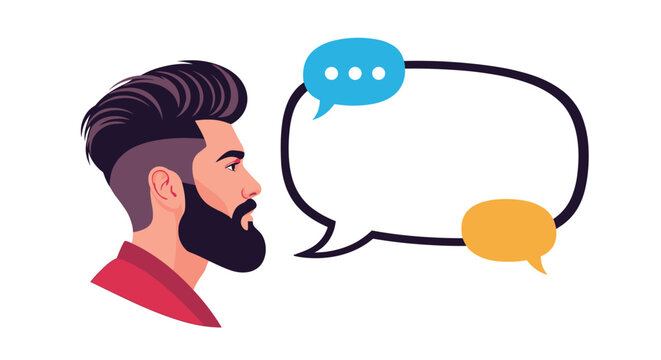Stylish man with a beard and undercut hairstyle in profile, engaged in a conversation or deep thought with multiple speech bubbles.