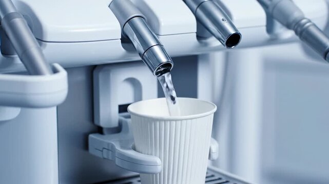 Automated dental unit dispenser pouring a measured quantity of fresh, clean water into a small, disposable white paper cup against a sleek modern background modern, procedure, white