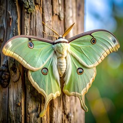 Large green luna moth clings to rough bark, wings spread. A natural moment in a blurry forest