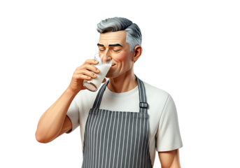 A cheerful senior man wearing an apron happily enjoys a refreshing glass of fresh milk
