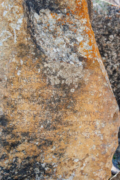 View of a rock face etched with faded inscriptions, its surface a mosaic of ochre, grey, and black, textured by time and the elements, Skardu, Gilgit Baltistan, Pakistan.