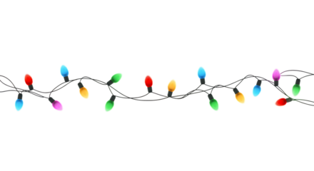 A festive illustration of a string of classic multicolored christmas lights for celebration