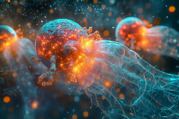 Naklejka premium Microscopic view of futuristic nanotechnology in medical environment with glowing neural connections, generative ai