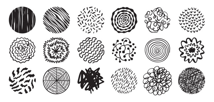Round abstract hand drawn shapes with pattern set. Doodle element, modern trendy circles for poster, social media, print.