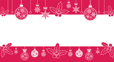 Elegant PINK Christmas border background with white center space, gold hanging ornaments, snowflakes, stars and holly leaves; festive holiday template for greeting cards, invitations and seasonal