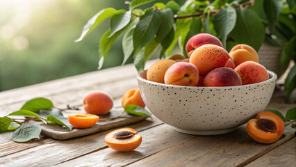 Fresh Apricots in a Rustic Bowl &ndash; Organic Summer Fruit Photography on Wooden Table