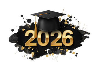Class of 2026 graduation celebration with black cap and gold numbers