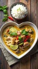 Heart-shaped bowl of curry with rice, peppers, and basil served over a towel on a dark wooden surface