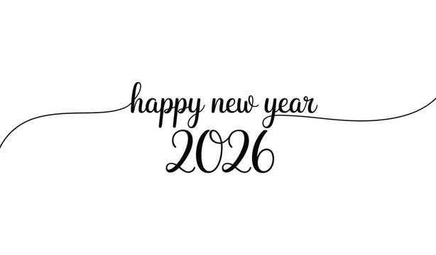 Minimal elegant happy new year 2026 typography design with clean black script lettering and decorative line flourish on a white background for festive greetings