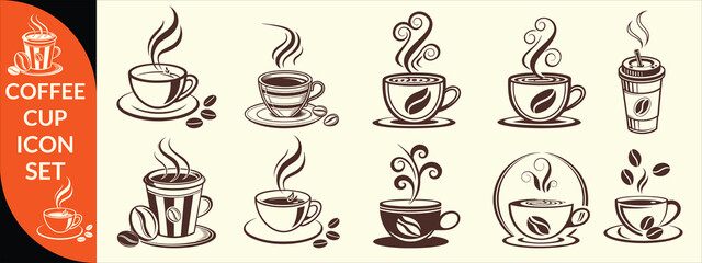 Coffee cup icon. Set of vector cups with coffee. Coffee cup big set design.