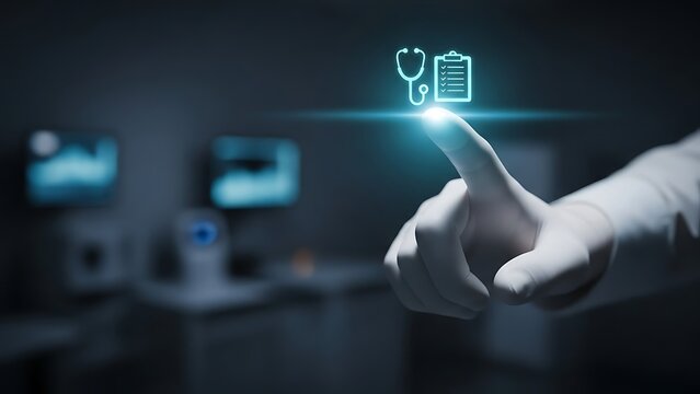 Medical professional interacting with digital interface in hospital setting - Powered by Adobe