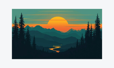 Sunset over mountain landscape with forest and clouds