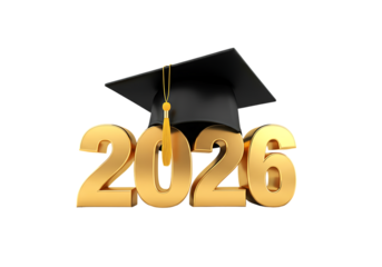 Class of 2026 graduation cap and shiny gold numbers on a black background