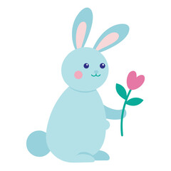 A cheerful light blue cartoon rabbit illustration holding a small pink flower