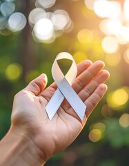 Hand holding a white ribbon against a blurred background of lush green leaves and golden sunlight