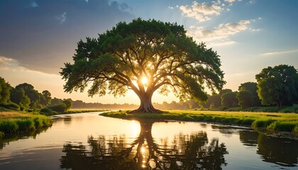 Large, leafy tree at sunset, light shining through its branches, reflected in water and surrounded by greenery