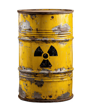 F&ucirc;t m&eacute;tallique jaune rouill&eacute; avec symbole radioactif noir