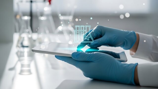 Scientist using digital technology in laboratory setting - Powered by Adobe