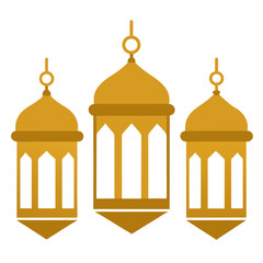Three stylized gold islamic lanterns on a white background for ramadan celebration
